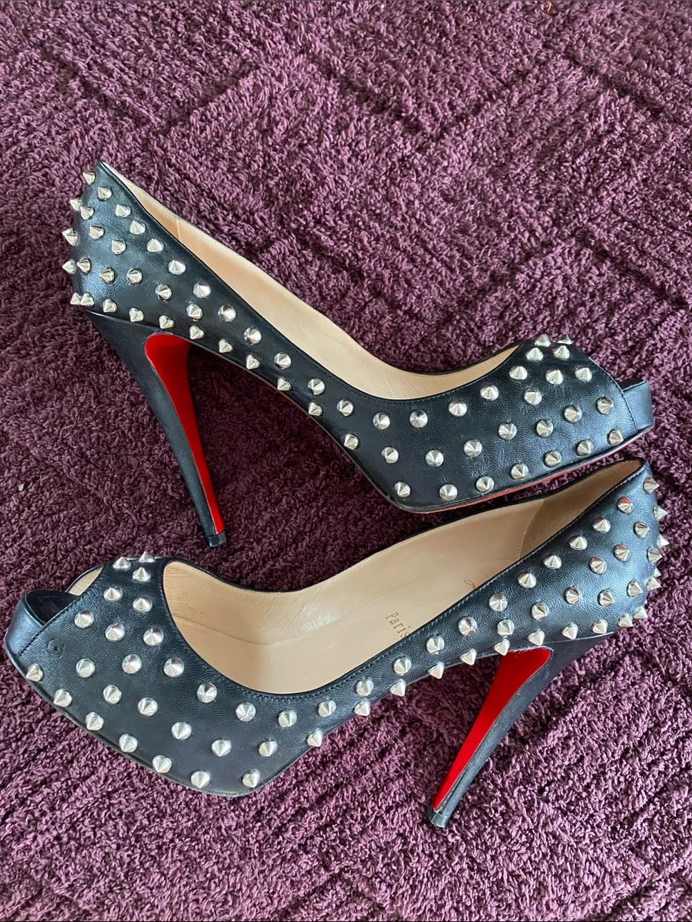 Christian Louboutin Black Studded Peep-Toe Pumps